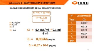 26
CÁLCULO DE CONCENTRACIÓN DE BSA, DE CADA TUBO PATRÓN
C1 * V1 = C2 * V2
C2 = C1 * V1
V2
C1: 0,4 mg/ml
V1: 0,1 ml
C2: X
V2: 6 ml C2 = 0,4 mg/ml * 0,1 ml
6 ml
C2 = 0,00666 (mg/ml)
C2 = 0,67 x 10-2 (mg/ml)
 