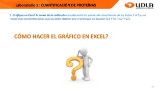 29
1. Grafique en Excel la curva de la calibrado considerando los valores de absorbancia de los tubos 1 al 5 y sus
respectivas concentraciones que las debe obtener por el principio de dilución (C1 • V1 = C2 • V2).
CÓMO HACER EL GRÁFICO EN EXCEL?
 