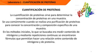 3
CUANTIFICACIÓN DE PROTEÍNAS
La cuantificación de proteínas sirve para determinar la
concentración de proteínas en una muestra.
Se usa comúnmente cuando se realiza una purificación de proteínas
para conocer la concentración y composición específica de una
muestra.
En los métodos iniciales, lo que se buscaba era medir contenido de
nitrógeno y mediante repeticiones continuas se encontraron
fórmulas que permitían hacer una relación entre contenido de
nitrógeno y de proteína.
 