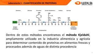 4
Dentro de estos métodos encontramos el método Kjeldahl,
ampliamente utilizado en la industria alimenticia y agrícola
para determinar contenido de proteínas en alimentos frescos y
procesados además de aguas de distinta procedencia
 