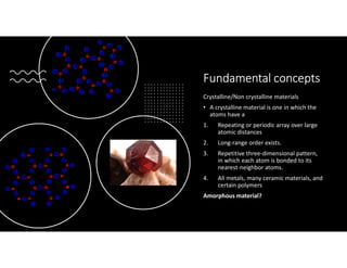 Fundamental concepts
Crystalline/Non crystalline materials
• A crystalline material is one in which the
atoms have a
1. Repeating or periodic array over large
atomic distances
2. Long-range order exists.
3. Repetitive three-dimensional pattern,
in which each atom is bonded to its
nearest-neighbor atoms.
4. All metals, many ceramic materials, and
certain polymers
Amorphous material?
 