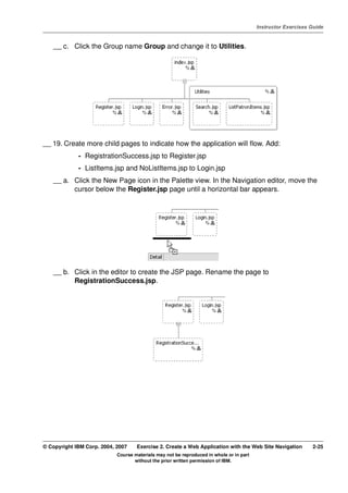 V4.1
                                                                                                   Instructor Exercises Guide



EXempty       __ c. Click the Group name Group and change it to Utilities.




          __ 19. Create more child pages to indicate how the application will flow. Add:
                       - RegistrationSuccess.jsp to Register.jsp
                       - ListItems.jsp and NoListItems.jsp to Login.jsp
              __ a. Click the New Page icon in the Palette view. In the Navigation editor, move the
                    cursor below the Register.jsp page until a horizontal bar appears.




              __ b. Click in the editor to create the JSP page. Rename the page to
                    RegistrationSuccess.jsp.




          © Copyright IBM Corp. 2004, 2007    Exercise 2. Create a Web Application with the Web Site Navigation         2-25
                                      Course materials may not be reproduced in whole or in part
                                             without the prior written permission of IBM.
 