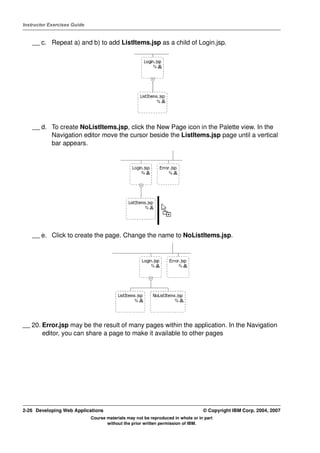 Instructor Exercises Guide


    __ c. Repeat a) and b) to add ListItems.jsp as a child of Login.jsp.




    __ d. To create NoListItems.jsp, click the New Page icon in the Palette view. In the
          Navigation editor move the cursor beside the ListItems.jsp page until a vertical
          bar appears.




    __ e. Click to create the page. Change the name to NoListItems.jsp.




__ 20. Error.jsp may be the result of many pages within the application. In the Navigation
       editor, you can share a page to make it available to other pages




2-26 Developing Web Applications                                                  © Copyright IBM Corp. 2004, 2007
                             Course materials may not be reproduced in whole or in part
                                    without the prior written permission of IBM.
 