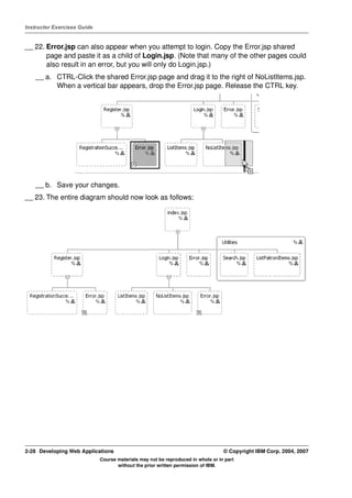 Instructor Exercises Guide


__ 22. Error.jsp can also appear when you attempt to login. Copy the Error.jsp shared
       page and paste it as a child of Login.jsp. (Note that many of the other pages could
       also result in an error, but you will only do Login.jsp.)
    __ a. CTRL-Click the shared Error.jsp page and drag it to the right of NoListItems.jsp.
          When a vertical bar appears, drop the Error.jsp page. Release the CTRL key.




    __ b. Save your changes.
__ 23. The entire diagram should now look as follows:




2-28 Developing Web Applications                                                  © Copyright IBM Corp. 2004, 2007
                             Course materials may not be reproduced in whole or in part
                                    without the prior written permission of IBM.
 