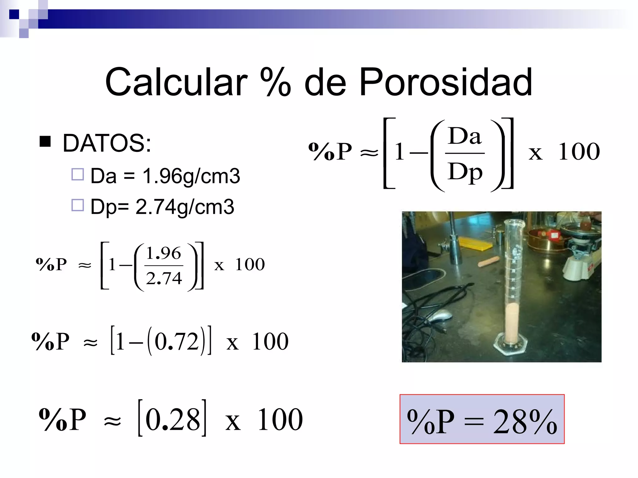 DATOS: Da = 1.96g/cm3 Dp= 2.74g/cm3 Calcular % de Porosidad %P = 28% 
