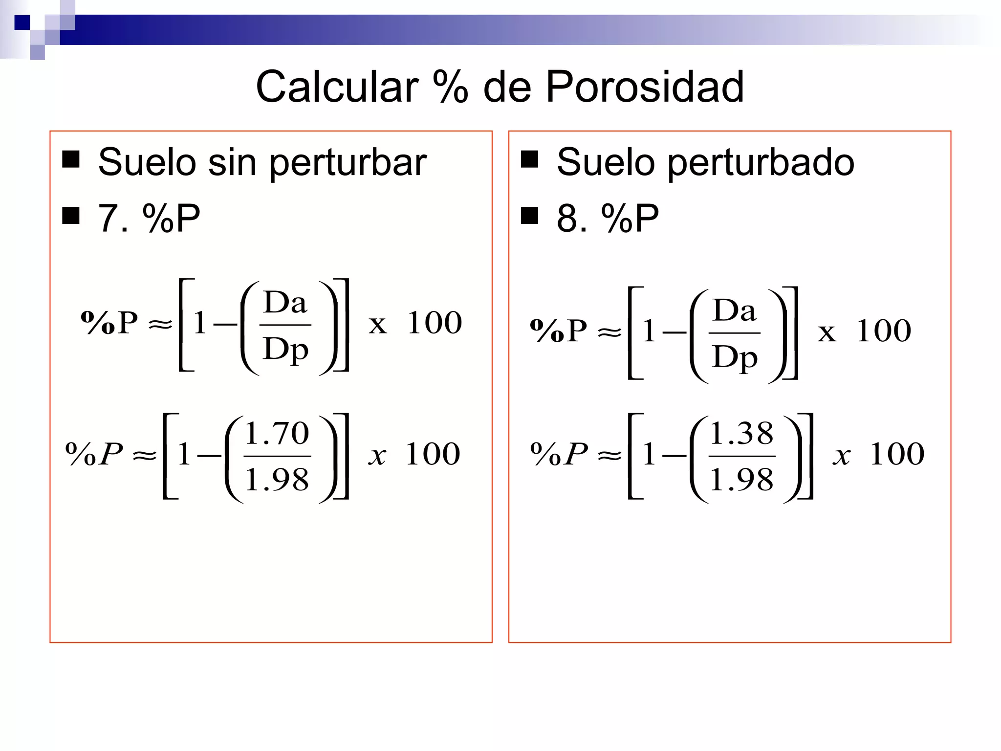 Suelo sin perturbar 7. %P Suelo perturbado 8. %P Calcular % de Porosidad 