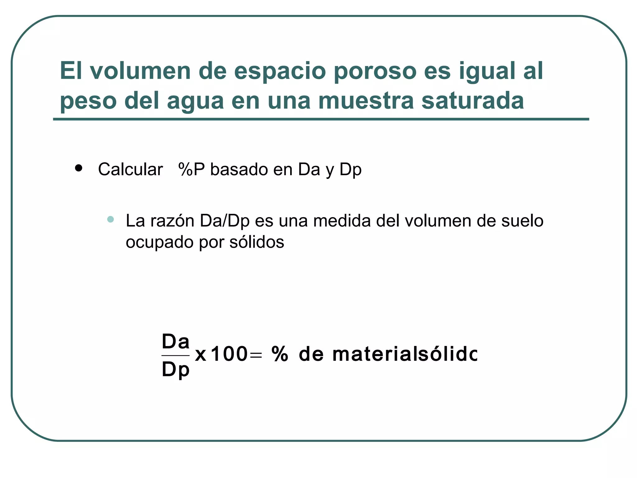El volumen de espacio poroso es igual al peso del agua en una muestra saturada Calcular  %P basado en Da y Dp La razón Da/Dp es una medida del volumen de suelo ocupado por sólidos 