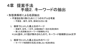 ４章 提案手法
手順２．キーワードの抽出
• 形態素解析による名詞抽出
• 不要語を取り除くために二つのモデルを考案
• 不要語 …  数字、記号、意味をなさない語
1. 検索でヒットした最上位のページ
• 英数字、記号、一文字、出現回数が一回の名詞を除外
• 残った名詞集合をキーワード候補群とする
※1341語中、977語が除外されたので、キーワード候補群は364文字
1. 検索でヒットした最上位以外のページ
• キーワード候補群の名詞と合致しない名詞を除去
 