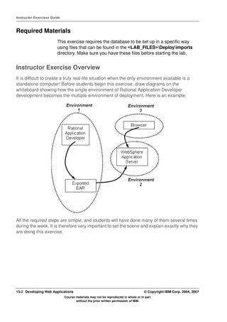 Instructor Exercises Guide



Required Materials
                        This exercise requires the database to be set up in a specific way
                        using files that can be found in the <LAB_FILES>Deployimports
                        directory. Make sure you have these files before starting the lab.


Instructor Exercise Overview
It is difficult to create a truly real-life situation when the only environment available is a
standalone computer! Before students begin this exercise, draw diagrams on the
whiteboard showing how the single environment of Rational Application Developer
development becomes the multiple environment of deployment. Here is an example:




All the required steps are simple, and students will have done many of them several times
during the week. It is therefore very important to set the scene and explain exactly why they
are doing this exercise.




13-2 Developing Web Applications                                                  © Copyright IBM Corp. 2004, 2007
                             Course materials may not be reproduced in whole or in part
                                    without the prior written permission of IBM.
 