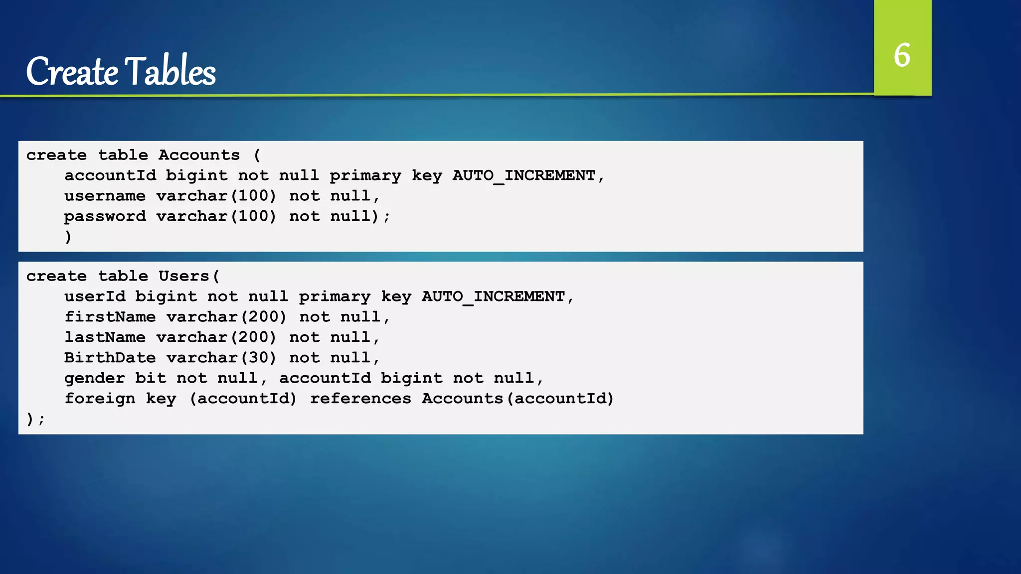 Create Tables 6
create table Accounts (
accountId bigint not null primary key AUTO_INCREMENT,
username varchar(100) not null,
password varchar(100) not null);
)
create table Users(
userId bigint not null primary key AUTO_INCREMENT,
firstName varchar(200) not null,
lastName varchar(200) not null,
BirthDate varchar(30) not null,
gender bit not null, accountId bigint not null,
foreign key (accountId) references Accounts(accountId)
);
 
