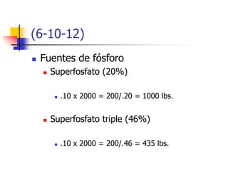 (6-10-12)
 Fuentes de fósforo
 Superfosfato (20%)
 .10 x 2000 = 200/.20 = 1000 lbs.
 Superfosfato triple (46%)
 .10 x 2000 = 200/.46 = 435 lbs.
 