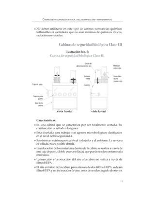 11
CABINAS DE SEGURIDAD BIOLÓGICA: USO, DESINFECCIÓN Y MANTENIMIENTO
No deben utilizarse en este tipo de cabinas substancias químicas
inflamables ni cantidades que no sean mínimas de químicos tóxicos,
radiactivos o volátiles.
Cabinas de seguridad biológica Clase III
Características:
Es una cabina que se caracteriza por ser totalmente cerrada. Su
construcción es sellada a los gases.
Está diseñada para trabajar con agentes microbiológicos clasificados
en el nivel de bioseguridad 4.
Suministran máxima protección al trabajador y al ambiente. La ventana
es sellada, no es posible abrirla.
La colocación de los materiales dentro de la cabina se realiza a través de
una caja de paso, (doble puerta sellada), que puede ser descontaminada
entre usos.
La inyección y la extracción del aire a la cabina se realiza a través de
filtros HEPA.
El aire extraído de la cabina pasa a través de dos filtros HEPA, o de un
filtro HEPAy un incinerador de aire, antes de ser descargado al exterior.
Ilustración No. 7:
Cabina de seguridad biológica Clase III
Base de la
cabina
Ducto de
alimentación de aire
GuantesCaja de paso
Soporte para
guante
Ventana
frontal
vista lateralvista frontal
Doble filtro
HEPA
(extracción)
Ducto de
extracción
 