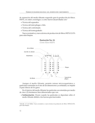 52
CABINAS DE SEGURIDAD BIOLÓGICA: USO, DESINFECCIÓN Y MANTENIMIENTO
de separación del medio filtrante requerido para la producción de filtros
HEPA, en orden cronológico a como fueron desarrolladas son:7
Técnica del separador.
Técnica del mini pliegue o hilo.
Técnica del conformado.
Técnica del termograbado.
Nueva normativa y nueva técnica de producción de filtros HEPA/ULPA
para salas limpias.
Aunque el medio filtrante, permite retener microorganismos o
partículas sostenidas en el aire de las dimensiones ya señaladas, no impide
el paso directo de los gases.
En el interior del medio filtrante las partículas son retenidas por medio
de cinco (5) fenómenos bien diferenciados que son:
Sedimentación. Ocurre cuando las partículas se depositan sobre el
medio filtrante debido a las fuerzas gravitacionales.
Ilustración No. 12:
Corte filtro HEPA
Fb
'
Aire no filtrado
Zona libre de admisión
Separación de
pliegues
Pliegues
Medio filtrante
Aire filtrado
7
Schroth. T; S de Muller. Nueva normativa y nueva técnica de producción de filtros HEPA/ULPA
para salas limpias.
 