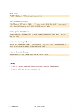 create a map:


ALTER TABLE users ADD todo map<timestamp, text> ;


insert an element in the map:


UPDATE users SET todo = { '2012-9-24' : 'enter mordor', '2012-10-2 12:00' : 'throw ring into
mount doom', toTimestamp(now()): 'die!'} WHERE user_id = 1234;


insert a speci
fi
c element by id:


UPDATE users SET todo['2012-10-2 12:00'] = 'throw my precious into mount doom' WHERE
user_id = 1234;


replace the whole map with insert:


INSERT INTO users (user_id,todo) VALUES ( 1234, { '2013-9-22 12:01' : 'birthday wishes to
Bilbo', '2013-10-1 18:00' : 'Check into Inn of Prancing Pony' });


delete an element in the map:


DELETE todo['2012-9-24'] FROM users WHERE user_id = 1234;




Activity


- Design the enrollment example for a column-based database like cassandra


- Create the tables and run some queries to test
CASSANDRA DR. LILIA SFAXI 4
 