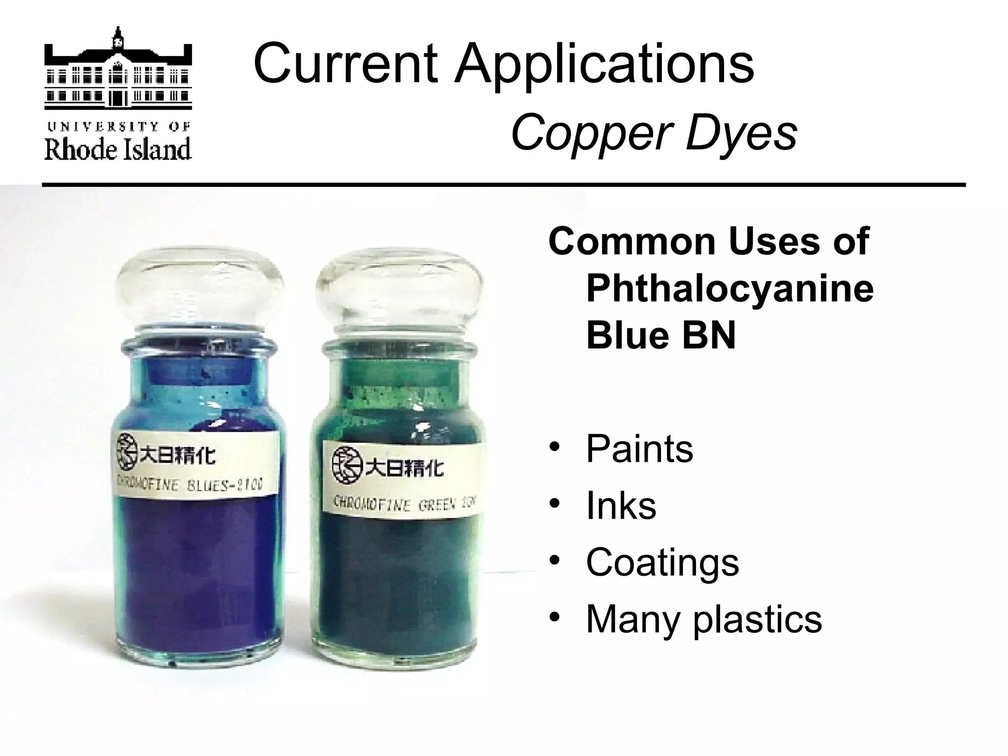 Current Applications   Copper Dyes Common Uses of Phthalocyanine  Blue BN Paints Inks  Coatings Many plastics 