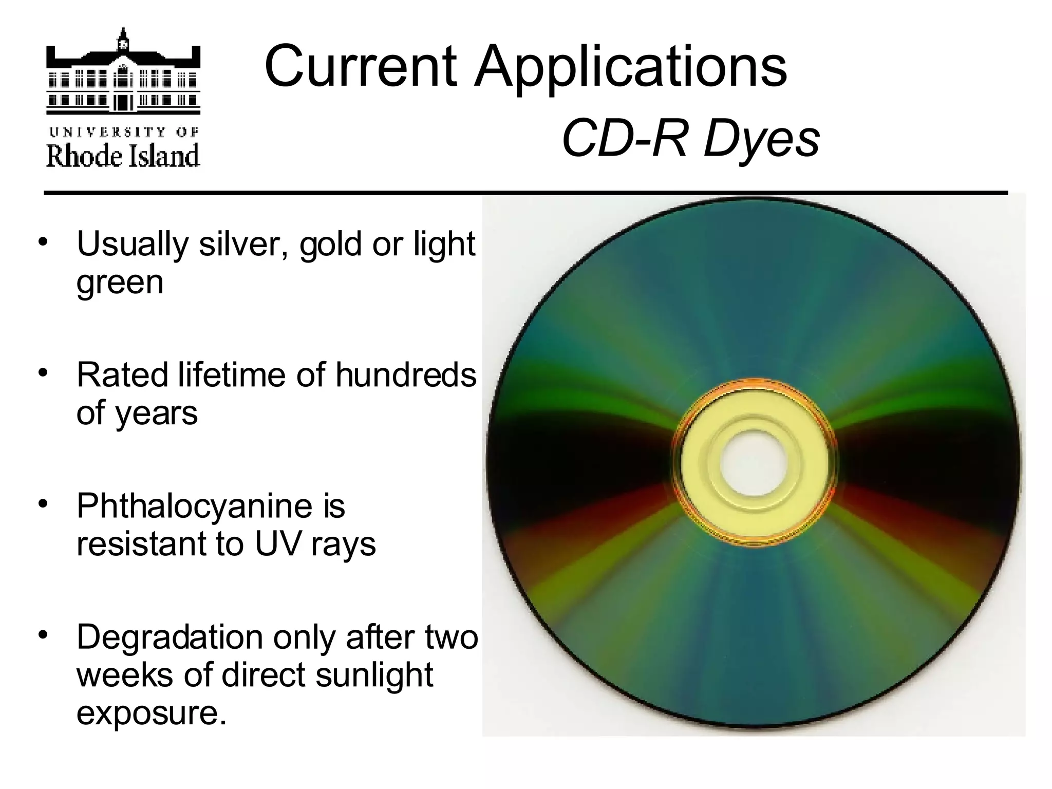 Current Applications   CD-R Dyes Usually silver, gold or light green Rated lifetime of hundreds of years Phthalocyanine is resistant to UV rays  Degradation only after two weeks of direct sunlight exposure.  
