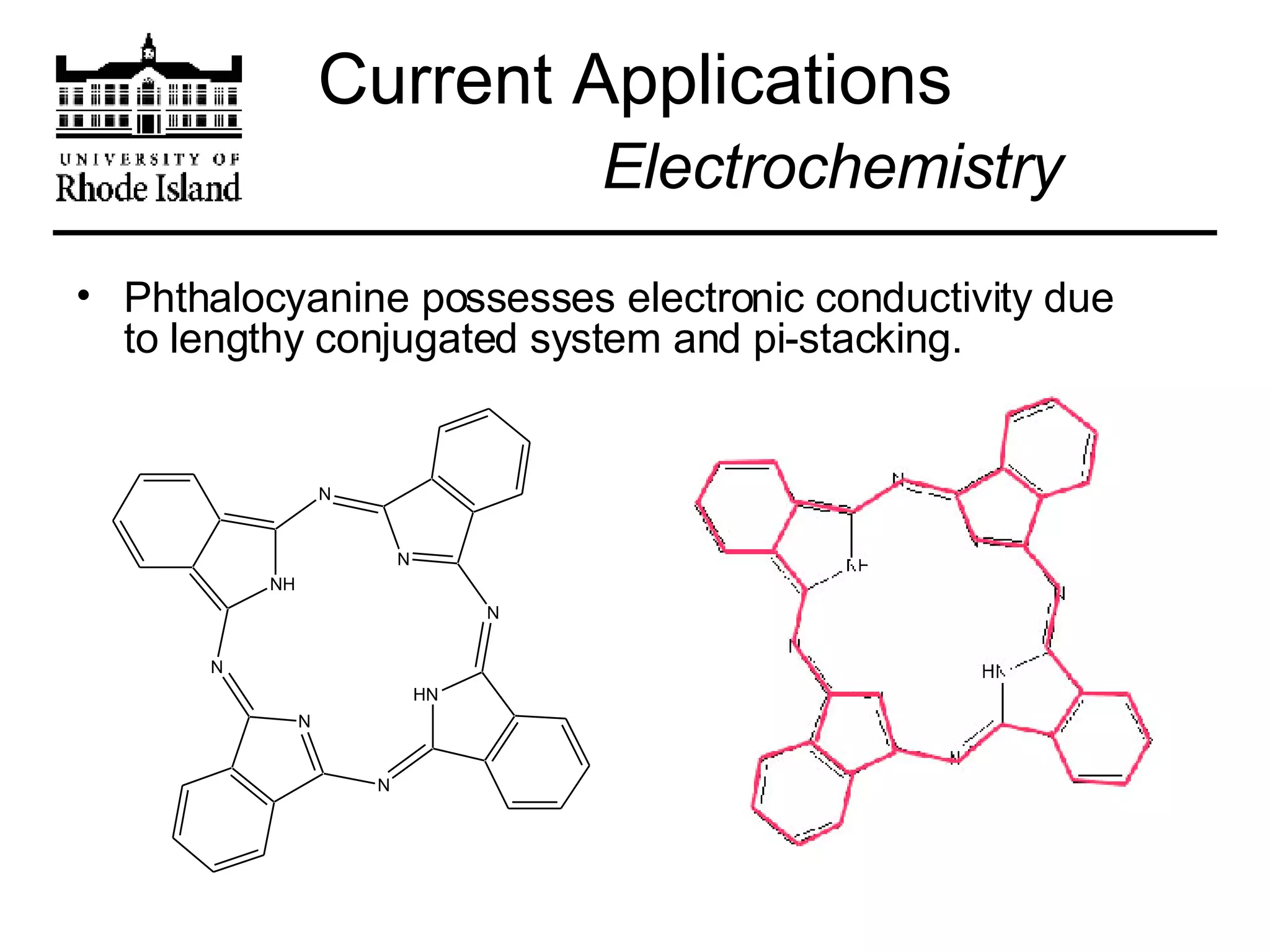 Current Applications   Electrochemistry Phthalocyanine possesses electronic conductivity due to lengthy conjugated system and pi-stacking. 