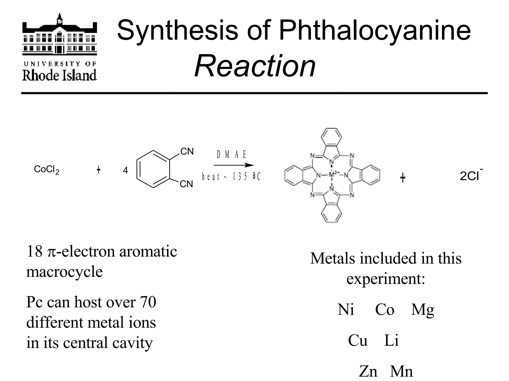 Synthesis of Phthalocyanine Reaction 18   -electron aromatic macrocycle Pc can host over 70 different metal ions in its central cavity Metals included in this experiment: Ni  Co  Mg Cu  Li  Zn  Mn 