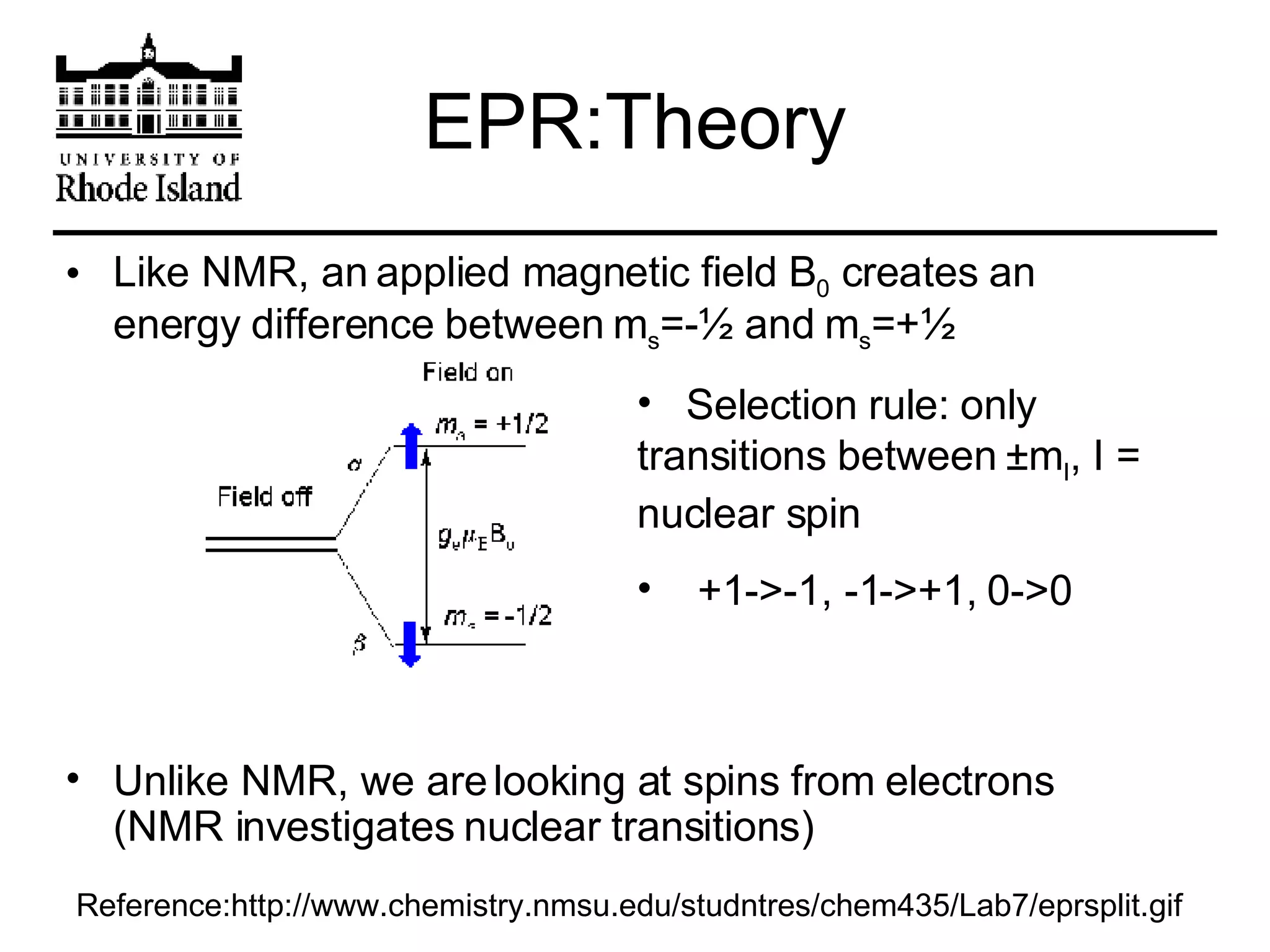 Like NMR, an applied magnetic field B 0  creates an energy difference between m s =- ½ and m s =+½ Unlike NMR, we are looking at spins from electrons (NMR investigates nuclear transitions) EPR:Theory Reference:http://www.chemistry.nmsu.edu/studntres/chem435/Lab7/eprsplit.gif Selection rule: only transitions between  ±m I , I = nuclear spin +1->-1, -1->+1, 0->0 