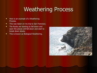 Weathering Process Here is an example of a Weathering Process.  This was taken on my trip to San Francisco. The Rocks are starting to fall down and soon the pieces will fall down and start to break down slowly. This is known as Biological Weathering. 