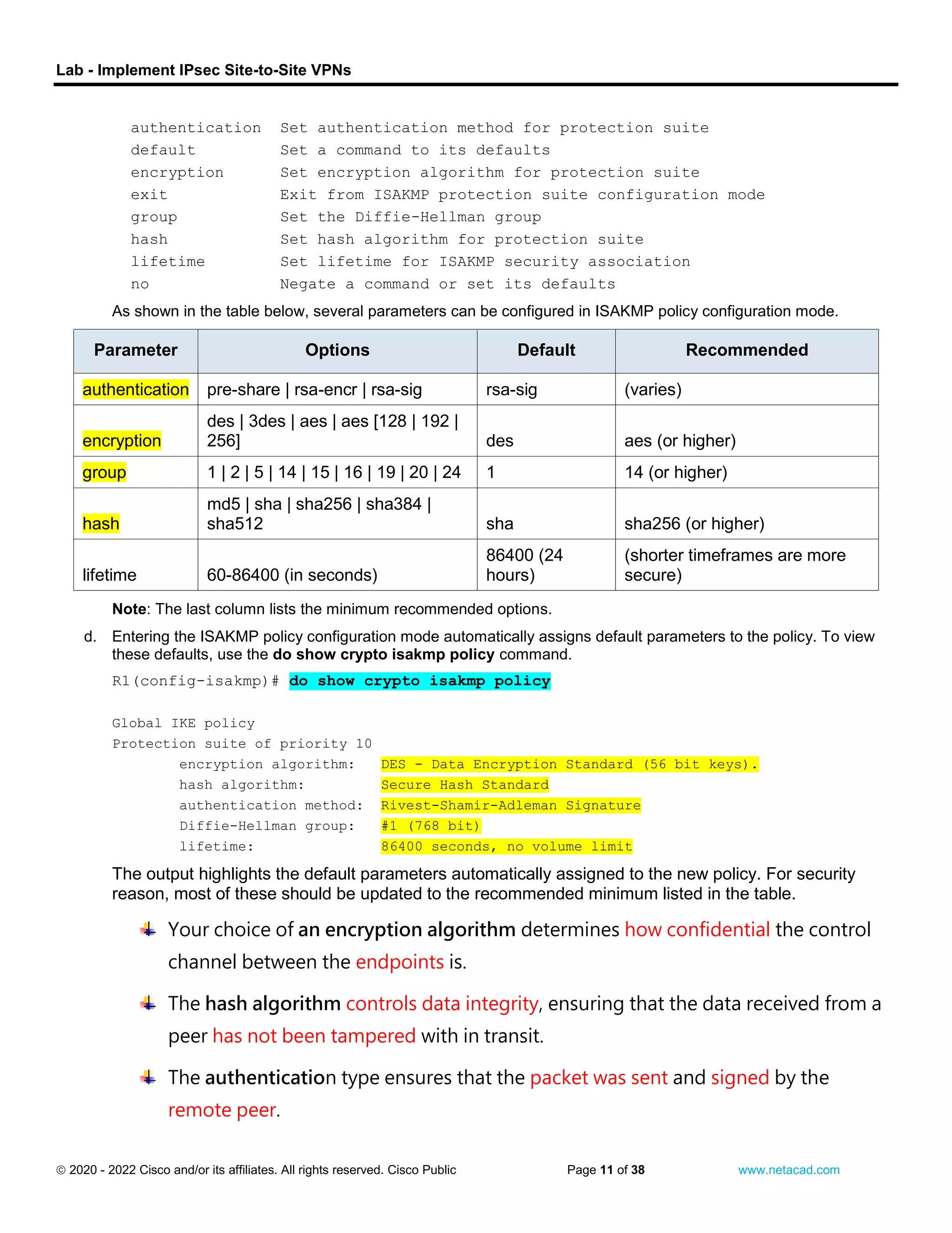 Lab - Implement IPsec Site-to-Site VPNs
 2020 - 2022 Cisco and/or its affiliates. All rights reserved. Cisco Public Page 11 of 38 www.netacad.com
authentication Set authentication method for protection suite
default Set a command to its defaults
encryption Set encryption algorithm for protection suite
exit Exit from ISAKMP protection suite configuration mode
group Set the Diffie-Hellman group
hash Set hash algorithm for protection suite
lifetime Set lifetime for ISAKMP security association
no Negate a command or set its defaults
As shown in the table below, several parameters can be configured in ISAKMP policy configuration mode.
Parameter Options Default Recommended
authentication pre-share | rsa-encr | rsa-sig rsa-sig (varies)
encryption
des | 3des | aes | aes [128 | 192 |
256] des aes (or higher)
group 1 | 2 | 5 | 14 | 15 | 16 | 19 | 20 | 24 1 14 (or higher)
hash
md5 | sha | sha256 | sha384 |
sha512 sha sha256 (or higher)
lifetime 60-86400 (in seconds)
86400 (24
hours)
(shorter timeframes are more
secure)
Note: The last column lists the minimum recommended options.
d. Entering the ISAKMP policy configuration mode automatically assigns default parameters to the policy. To view
these defaults, use the do show crypto isakmp policy command.
R1(config-isakmp)# do show crypto isakmp policy
Global IKE policy
Protection suite of priority 10
encryption algorithm: DES - Data Encryption Standard (56 bit keys).
hash algorithm: Secure Hash Standard
authentication method: Rivest-Shamir-Adleman Signature
Diffie-Hellman group: #1 (768 bit)
lifetime: 86400 seconds, no volume limit
The output highlights the default parameters automatically assigned to the new policy. For security
reason, most of these should be updated to the recommended minimum listed in the table.
Your choice of an encryption algorithm determines how confidential the control
channel between the endpoints is.
The hash algorithm controls data integrity, ensuring that the data received from a
peer has not been tampered with in transit.
The authentication type ensures that the packet was sent and signed by the
remote peer.
 