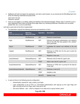    NetBeans will build and deploy the application, and start a web browser, so you should see the MicroBlog login form.
        Enter the following credentials and press Enter:
        User name: hol-user
        Password: javaone
       Once you are logged in, try adding, editing and deleting a few statuses/messages. Please, keep in mind this is just a
        demo application which does not handle some edge cases (e.g. escaping problematic characters such as quotes,
        greater than, etc.), so try to avoid these.
Let’s take a quick look at how this is implemented:
       The application supports the following resources and operations on them:

         Path                          Matching               Operation    Description
         (from the resource root)      Resource Class

         /                             RootResource           GET          Redirect’s /{user}/notes/

         /login                        RootResource           GET          Enforces form-based authentication and redirect’s
                                                                           back to the URL that was passed in the „redirect“
                                                                           query parameter.

         /logout                       RootResource           POST         Invalidates the session and redirects to the root
                                                                           („/“).

         /register                     RootResource           GET          Retrieves an HTML form for the user to enter the
                                                                           registration info.

                                                              POST         Registers a new user.

         /{user}/statuses/             StatusesResource       GET          Retrieves a list of notes for a given user.

                                                              POST         Adds a new note for a given user.

         /{user}/statuses/new          StatusesResource       GET          Retrieves an HTML form to prompt for the data for
                                                                           a new note.

         /{user}/statuses/{statusId}   StatusResource         GET          Retrieves a note by ID.

                                                              POST         Updates a note.

                                                              DELETE       Deletes a note.


       In web.xml there is the following security configuration:
             o    Authentication required for <app_context_root>/login
             o    Login configuration is set to Form (i.e. form-based authentication) with login.jsp as the Login Page and
                  login−error.jsp as the Error Page, realm name set to „file“.
             o    One role is defined – user – which is mapped (in sun-web.xml) to a group named „users“

                                                        Page 43 of 66
 