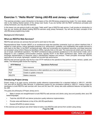 Exercise 1: “Hello World” Using JAX-RS and Jersey – optional
This exercise provides a quick introduction to the basics of the JAX-RS/Jersey programming model. For more details, please
refer to the Getting Started section of the Jersey User Guide. If you are familiar with the REST architecture principles and
Jersey framework, you may skip this exercise.
In this lesson you are going to build a very basic "Hello world" type of RESTful web service. It will provide an introduction to
how you can quickly get started building RESTful services using Jersey framework. You will see the basic concepts of the
JAX-RS/Jersey programming model.

Background Information

What are RESTful Web Services?
RESTful web services are services that are built to work best on the web.
Representational State Transfer (REST) is an architectural style that specifies constraints (such as uniform interface) that, if
applied to a web service, induce desirable properties (e.g. performance, scalability, and modifiability) that enable services to
work best on the Web. In the REST architectural style, data and functionality are considered resources, and these resources
are accessed using Uniform Resource Identifiers (URIs), typically links on the web. The resources are acted upon by using a
set of simple, well-defined operations. The REST architectural style constrains architecture to the client-server model, and is
designed to use a stateless communication protocol, typically HTTP. In the REST architecture style, clients and servers
exchange representations of resources using a standardized interface and protocol. These principles encourage RESTful
applications to be simple, lightweight, scalable and provide high performance.
RESTful web services typically map the four main HTTP methods to the operations they perform: create, retrieve, update, and
delete. The following table shows the mapping:

         HTTP Method                                 Operations Performed
       GET                  Get a resource
       POST                 Create a resource or other operations as it has no defined semantics
       PUT                  Create or update a resource
       DELETE               Delete a resource

Introducing Project Jersey
Project Jersey is an open source, production quality reference implementation for a standard defined in JSR-311: JAX-RS:
The Java API for RESTful Web Services. It implements support for the annotations defined in JSR-311, making it easy for
developers to build RESTful web services with Java and the Java VM. Jersey also adds additional features not specified by
the JSR.
The goals and philosophy of Project Jersey are to:
   •   Make it simple and straightforward to build RESTful web services and clients using Java and possibly other Java VM
   based languages.
   •    Track the JAX-RS API and deliver production quality reference implementation.
   •    Provide value-add features on top of the JAX-RS specification.
   •    Expose APIs/SPIs to extend Jersey.
In this exercise you're going to see what it takes to build a new RESTful web service from scratch using Jersey.
                                                        Page 6 of 66
 