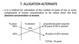 7. ALLIGATION ALTERNATE
• It is a method for calculation of the number of parts of two or more
components of known concentration to be mixed when the final
desired concentration is known.
 