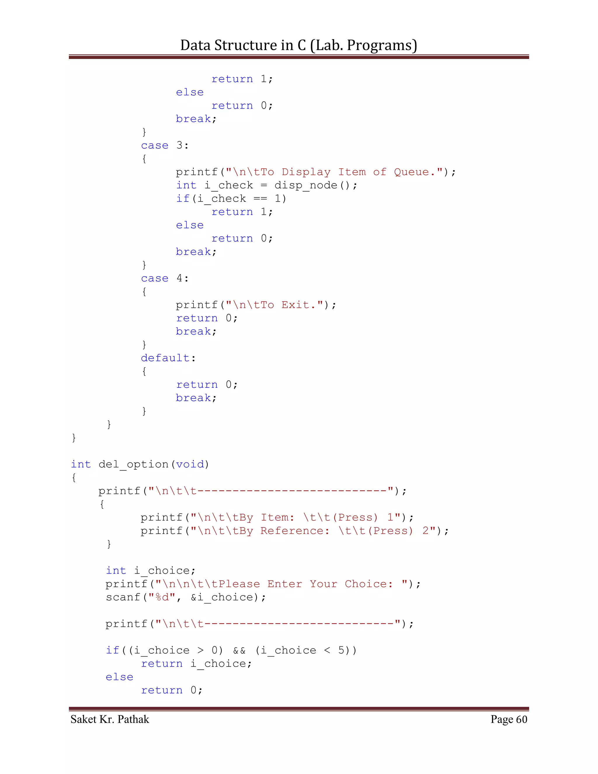 Data Structure in C (Lab. Programs)

                   int i_item = 0;
                   printf("ntPlease Enter the item: ");
                   scanf("%d", &i_item);
                   int i_check = push_item(i_item);
                   if(i_check == 1)
                        return 1;
                   else
                        return 0;
                   break;
              }
              case 2:
              {
                   printf("ntTo Pop Item from Queue.");
                   int i_item = 0;
                   printf("ntPlease Enter the item: ");
                   scanf("%d", &i_item);
                   int i_check = pop_item(i_item);
                   if(i_check == 1)
                        return 1;
                   else
                        return 0;
                   break;
              }
              case 3:
              {
                   printf("ntTo Display Item of Queue.");
                   int i_check = disp_item();
                   if(i_check == 1)
                        return 1;
                   else
                        return 0;
                   break;
              }
              case 4:
              {
                   printf("ntTo Exit.");
                   return 0;
                   break;
              }
              default:
              {
                   return 0;
                   break;
              }
       }
}
    ~~~~~~~~~~~~~~~~~~~~~************~~~~~~~~~~~~~~~~~~~~~

Saket Kr. Pathak                                              Page 60
 