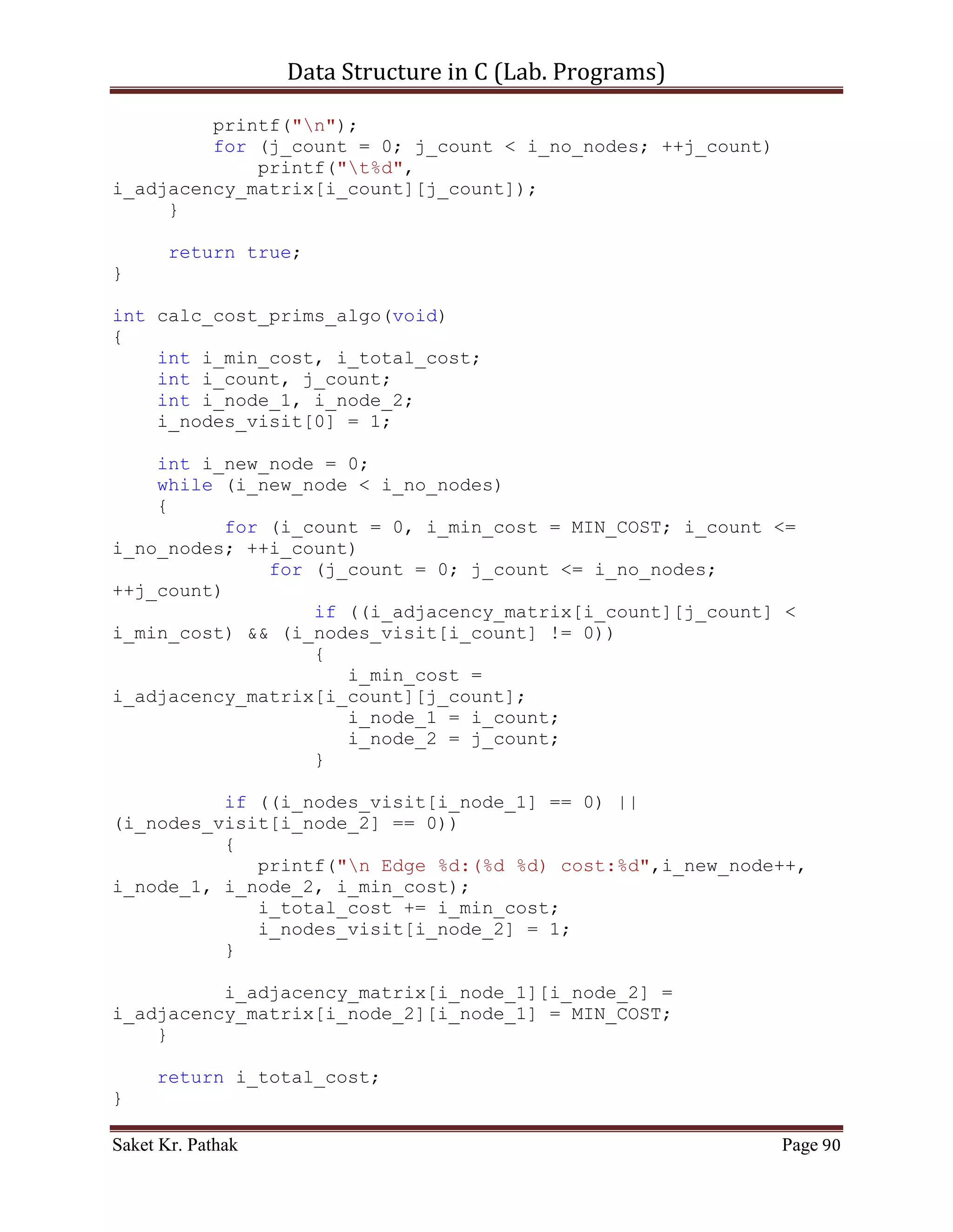 Data Structure in C (Lab. Programs)

     for (i_count = 0; i_count <= i_no_nodes; ++i_count)
         if ((i_adjacency_matrix[i_start_node][i_count]) &&
(!i_nodes_visit[i_count]))
            i_bfs_path[++n_flag] = i_count;

       if (flag <= n_flag)
       {
          i_nodes_visit[i_bfs_path[flag]] = 1;
          check_node(i_bfs_path[flag++]);
       }

       return;
}


    ~~~~~~~~~~~~~~~~~~~~~************~~~~~~~~~~~~~~~~~~~~~


       Depth First Search:

       Algorithm –

          [1] If the initial state is a goal state, quit and return success.
          [2] Otherwise, loop until success or failure is signaled.
                   Generate a state, say E, and let it be the successor of the initial state.
                      If there is no successor, signal failure.
                   Call Depth-First Search with E as the initial state.
                   If success is returned, signal success. Otherwise continue in this
                      loop.

       Time Complexity –

       The time complexity is O (E + V).

       Code – Snippet:

#include <stdio.h>
#include <stdlib.h>
#include <stdbool.h>

#define MAX_NUM_NODES             1024

int **i_adjacency_matrix;
int *i_nodes_visit;
int i_no_nodes;

bool get_graph_input(void);

Saket Kr. Pathak                                                                      Page 90
 