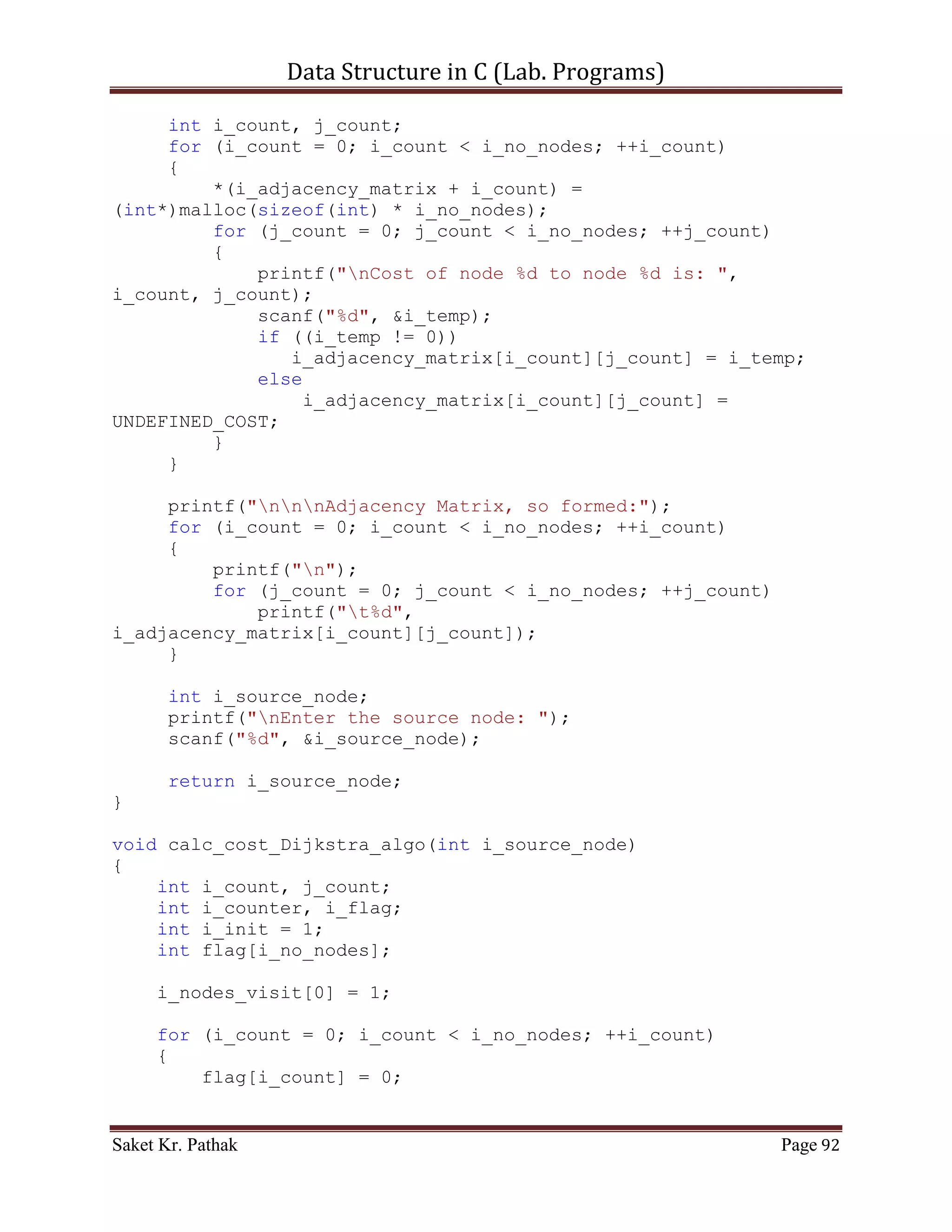 Data Structure in C (Lab. Programs)

                   else
                   {
                          printf("Input is invalid.");
                          return false;
                   }
            }
       }

     printf("nnnAdjacency Matrix, so formed:");
     for (i_count = 0; i_count < i_no_nodes; ++i_count)
     {
         printf("n");
         for (j_count = 0; j_count < i_no_nodes; ++j_count)
             printf("t%d",
i_adjacency_matrix[i_count][j_count]);
     }

       return true;
}

bool initialize_nodes(void)
{
     int i_count;
     for (i_count = 0; i_count < i_no_nodes; ++i_count)
         i_nodes_visit[i_count] = 0;

       return true;
}

void depth_first_search(void)
{
     int i_count;

       printf("nt");
       for (i_count = 0; i_count < i_no_nodes; ++i_count)
           if(i_nodes_visit[i_count] == 0)
                check_node(i_count);
}

void check_node(int i_node)
{
     int i_count;

       printf("Node(%d)t", i_node);
       i_nodes_visit[i_node] = 1;

     for (i_count = 0; i_count < i_no_nodes; ++i_count)

Saket Kr. Pathak                                              Page 92
 