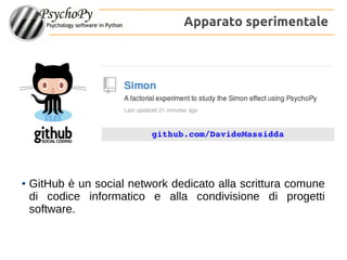 Apparato sperimentale
github.com/DavideMassidda
● GitHub è un social network dedicato alla scrittura comune
di codice informatico e alla condivisione di progetti
software.
 