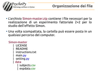 ●
L'archivio Simon-master.zip contiene i file necessari per la
realizzazione di un esperimento fattoriale 2×2 per lo
studio dell'effetto Simon.
●
Una volta scompattata, la cartella può essere posta in un
qualsiasi percorso del computer.
Organizzazione dei file
Simon-master
| LICENSE
| README
| instructions.txt
| main.py
| setting.py
| data
| subjects.csv
| expdata.csv
 