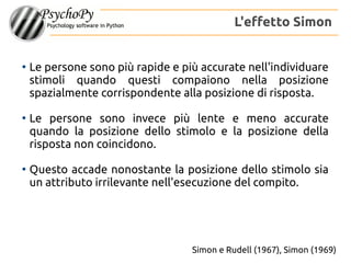 ●
Le persone sono più rapide e più accurate nell'individuare
stimoli quando questi compaiono nella posizione
spazialmente corrispondente alla posizione di risposta.
●
Le persone sono invece più lente e meno accurate
quando la posizione dello stimolo e la posizione della
risposta non coincidono.
●
Questo accade nonostante la posizione dello stimolo sia
un attributo irrilevante nell'esecuzione del compito.
L'effetto Simon
Simon e Rudell (1967), Simon (1969)
 