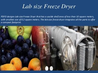Lab size Freeze Dryer
PDFD designs Lab-size Freeze Dryer that has a usable shelf area of less than 10 square meters,
with smallest size of 0.2 square meters. The lab-size freeze dryer integrates all the parts to offer
a compact footprint.
 