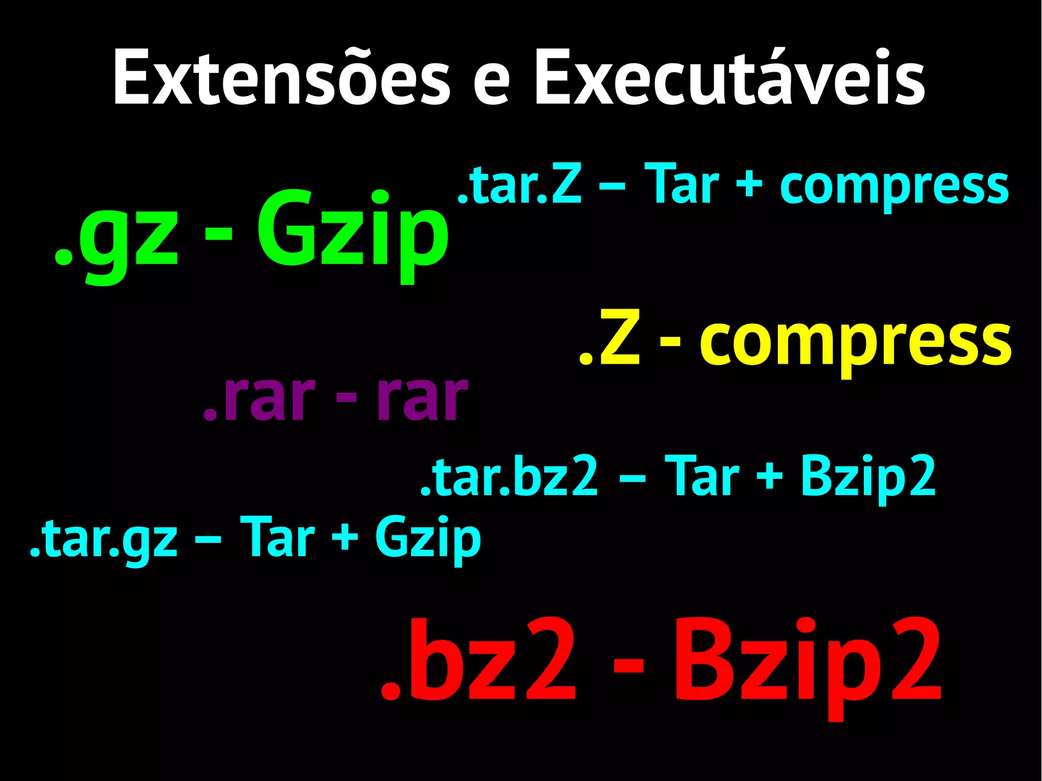 Extensões e Executáveis
                  .tar.Z – Tar + compress
.gz - Gzip
                       .Z - compress
       .rar - rar
                 .tar.bz2 – Tar + Bzip2
.tar.gz – Tar + Gzip

              .bz2 - Bzip2
 