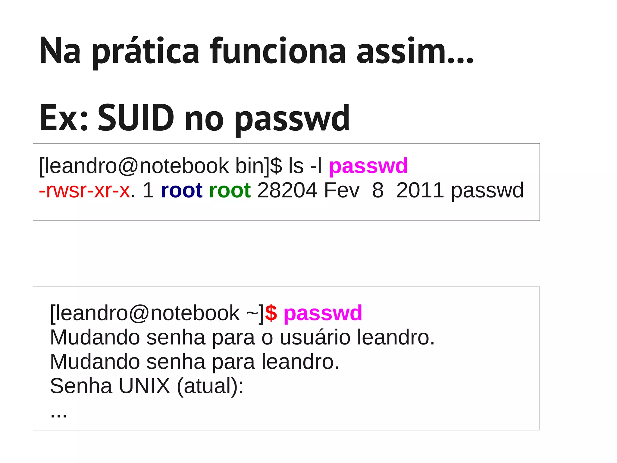 Na prática funciona assim...
Ex: SUID no passwd
[leandro@notebook bin]$ ls -l passwd
-rwsr-xr-x. 1 root root 28204 Fev 8 2011 passwd




 [leandro@notebook ~]$ passwd
 Mudando senha para o usuário leandro.
 Mudando senha para leandro.
 Senha UNIX (atual):
 ...
 