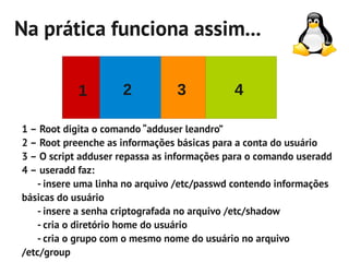 Na prática funciona assim...

            1        2           3           4

1 – Root digita o comando “adduser leandro”
2 – Root preenche as informações básicas para a conta do usuário
3 – O script adduser repassa as informações para o comando useradd
4 – useradd faz:
   - insere uma linha no arquivo /etc/passwd contendo informações
básicas do usuário
   - insere a senha criptografada no arquivo /etc/shadow
   - cria o diretório home do usuário
   - cria o grupo com o mesmo nome do usuário no arquivo
/etc/group
 