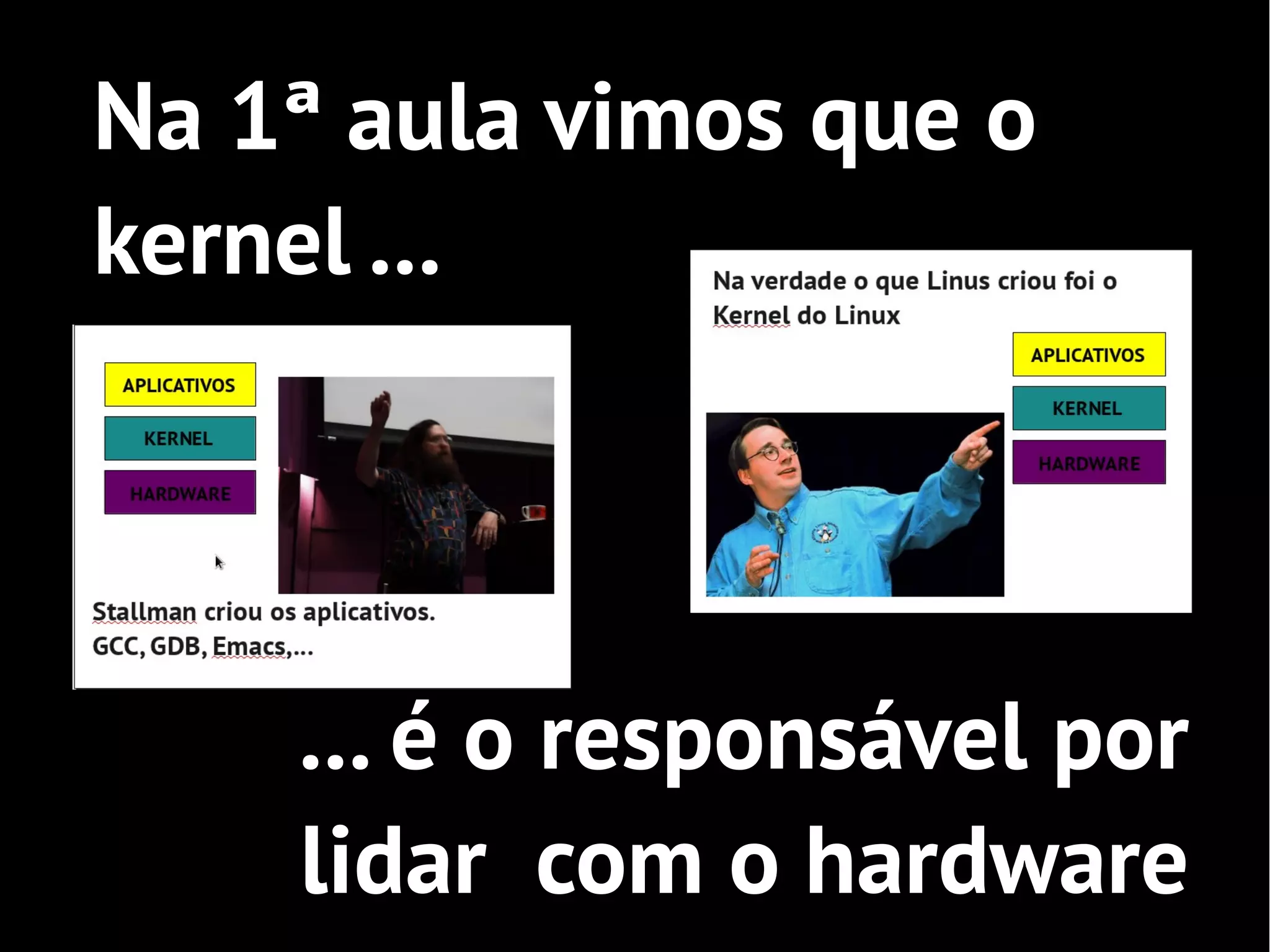 Na 1ª aula vimos que o
kernel ...




    ... é o responsável por
    lidar com o hardware
 