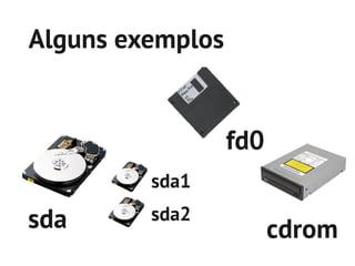 Alguns exemplos


                  fd0
         sda1

sda      sda2
                        cdrom
 