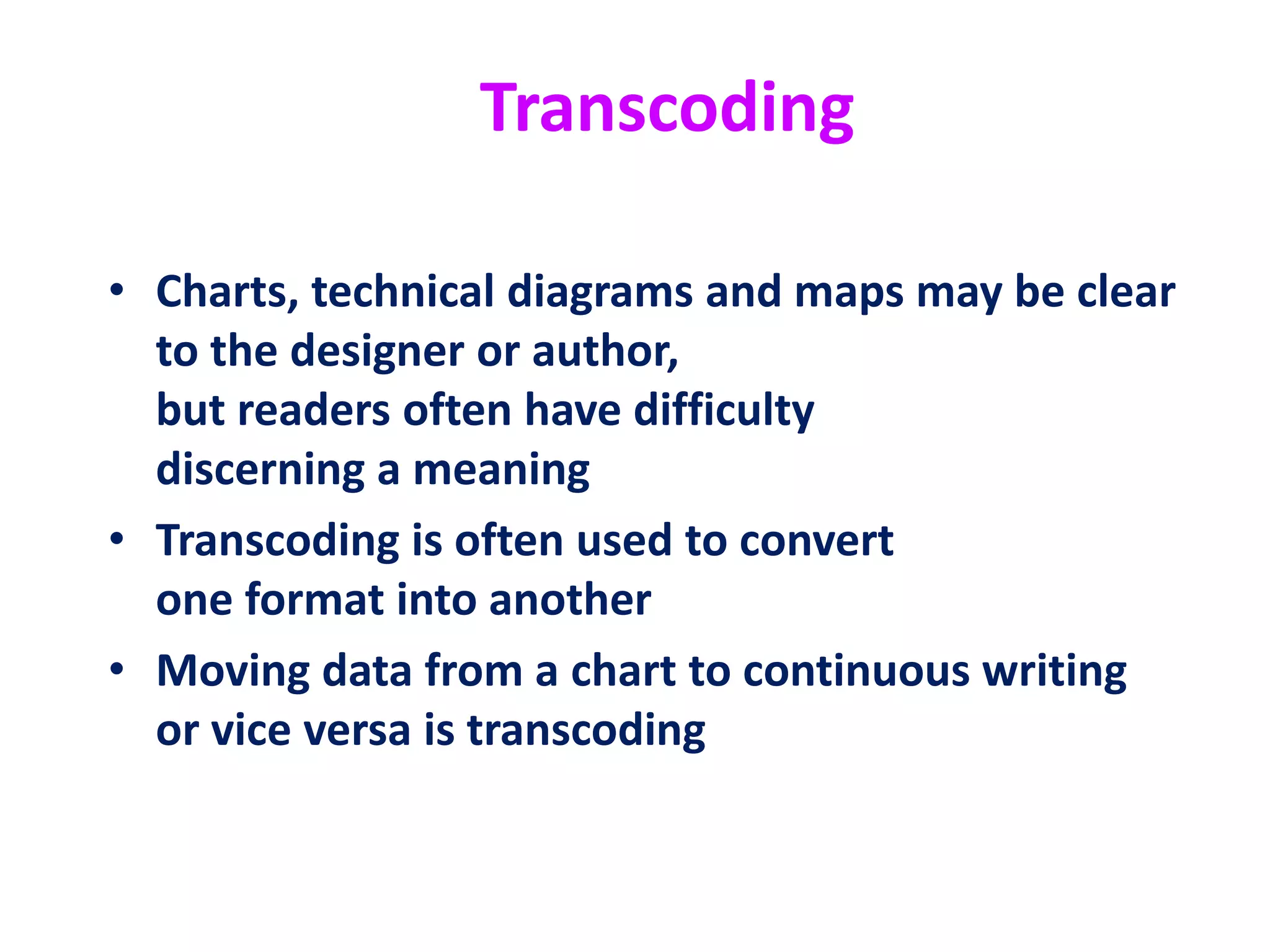 Transcoding
• Charts, technical diagrams and maps may be clear
to the designer or author,
but readers often have difficulty
discerning a meaning
• Transcoding is often used to convert
one format into another
• Moving data from a chart to continuous writing
or vice versa is transcoding
 