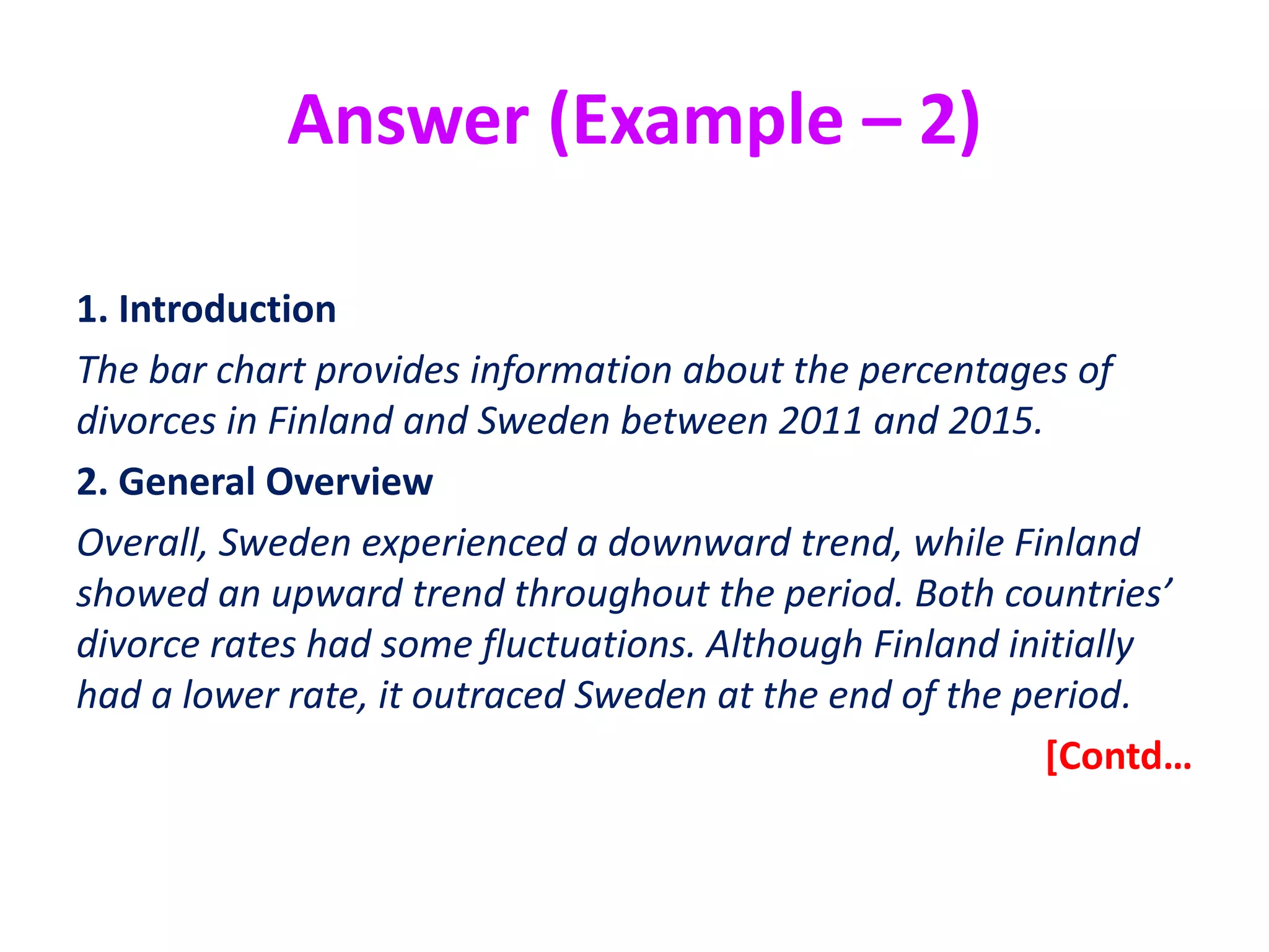 Answer (Example – 2)
1. Introduction
The bar chart provides information about the percentages of
divorces in Finland and Sweden between 2011 and 2015.
2. General Overview
Overall, Sweden experienced a downward trend, while Finland
showed an upward trend throughout the period. Both countries’
divorce rates had some fluctuations. Although Finland initially
had a lower rate, it outraced Sweden at the end of the period.
[Contd…
 