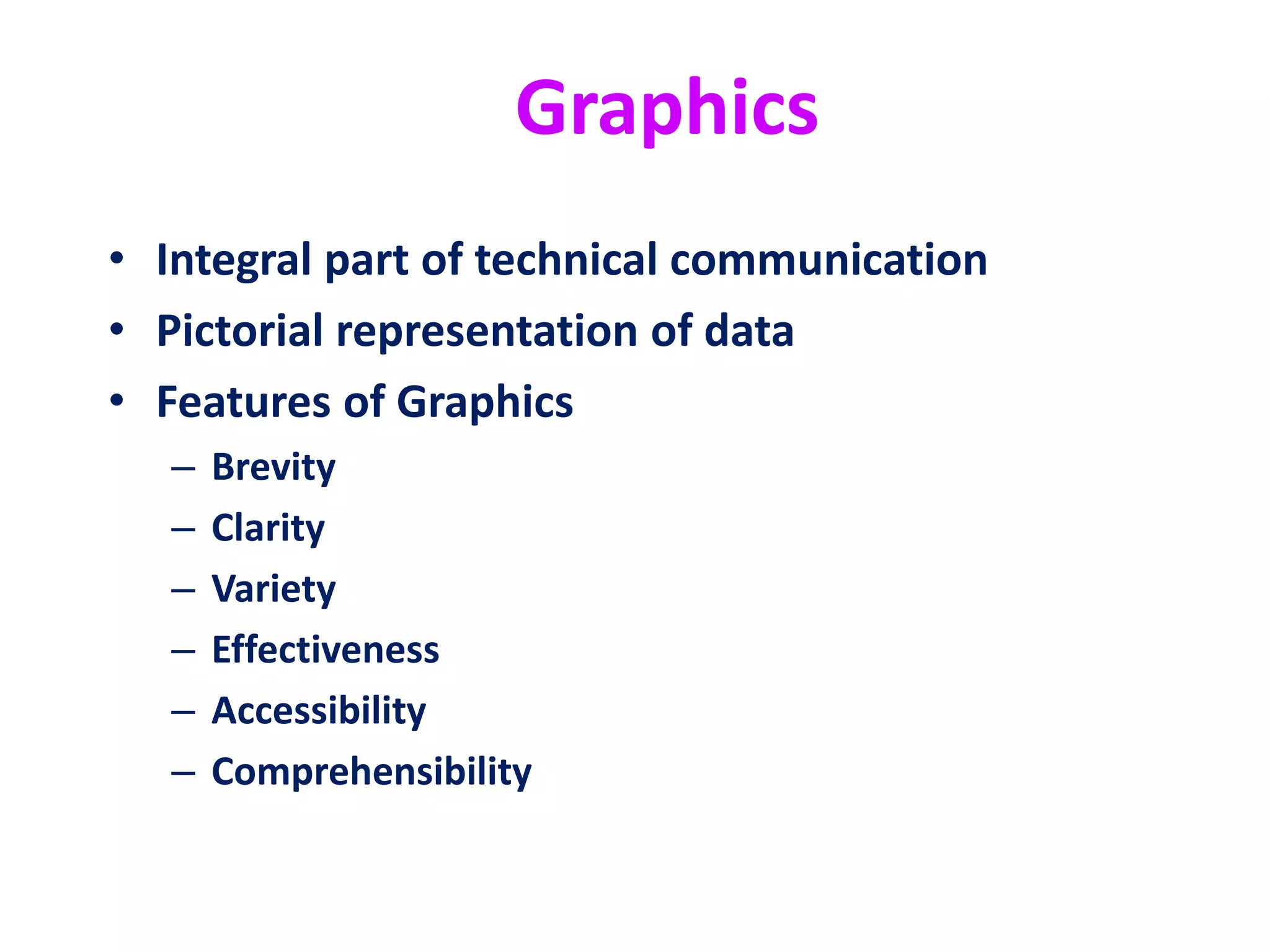 Graphics
• Integral part of technical communication
• Pictorial representation of data
• Features of Graphics
– Brevity
– Clarity
– Variety
– Effectiveness
– Accessibility
– Comprehensibility
 