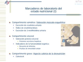 Marcadores de laboratorio del
                    estado nutricional (I)


Compartimento somático: Valoración músculo-esquelética
   Excreción de creatinina urinaria
   Índice de creatinina/altura
   Excreción de 3-metilhistidina urinaria


Compartimento visceral
   Valoración proteico-visceral:
       Proteínas secretoras hepáticas
   Indicadores de la funcionalidad orgánica:
       Recuento de linfocitos
       Pruebas de inmunidad celular


Compartimento graso: Aspecto calórico de la desnutrición
   Colesterol
 