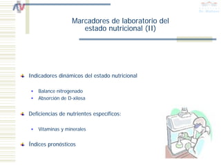 Marcadores de laboratorio del
                      estado nutricional (II)




Indicadores dinámicos del estado nutricional

    Balance nitrogenado
    Absorción de D-xilosa


Deficiencias de nutrientes específicos:

    Vitaminas y minerales


Índices pronósticos
 