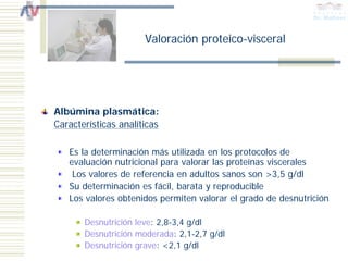 Valoración proteico-visceral




Albúmina plasmática:
Características analíticas

   Es la determinación más utilizada en los protocolos de
   evaluación nutricional para valorar las proteínas viscerales
    Los valores de referencia en adultos sanos son >3,5 g/dl
   Su determinación es fácil, barata y reproducible
   Los valores obtenidos permiten valorar el grado de desnutrición

       Desnutrición leve: 2,8-3,4 g/dl
       Desnutrición moderada: 2,1-2,7 g/dl
       Desnutrición grave: <2,1 g/dl
 