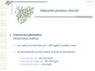 Valoración proteico-visceral




Transferrina plasmática:
Características analíticas

   Los valores de referencia son >200 mg/dl en adultos sanos

   Su determinación permite valorar el grado de desnutrición

       Desnutrición leve: 150-200 mg/dl
       Desnutrición moderada: 100-149 mg/dl
       Desnutrición grave: <100 mg/dl
 