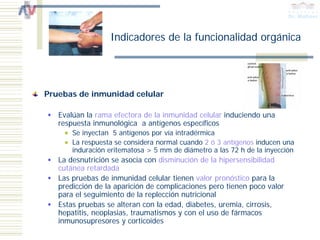 Indicadores de la funcionalidad orgánica




Pruebas de inmunidad celular

   Evalúan la rama efectora de la inmunidad celular induciendo una
   respuesta inmunológica a antígenos específicos
       Se inyectan 5 antígenos por vía intradérmica
       La respuesta se considera normal cuando 2 ó 3 antígenos inducen una
       induración eritematosa > 5 mm de diámetro a las 72 h de la inyección
   La desnutrición se asocia con disminución de la hipersensibilidad
   cutánea retardada
   Las pruebas de inmunidad celular tienen valor pronóstico para la
   predicción de la aparición de complicaciones pero tienen poco valor
   para el seguimiento de la replección nutricional
   Estas pruebas se alteran con la edad, diabetes, uremia, cirrosis,
   hepatitis, neoplasias, traumatismos y con el uso de fármacos
   inmunosupresores y corticoides
 