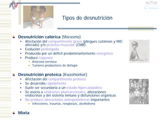 Tipos de desnutrición


Desnutrición calórica (Marasmo)
   Afectación del compartimento graso (pliegues cutáneos y IMC
   alterado) y/o proteico-muscular (CMB)
   Evolución prolongada
   Producida por un déficit predominantemente energético
   Produce caquexia
        Anorexia nerviosa
        Tumores productores de disfagia


Desnutrición proteica (Kwashiorkor)
   Afectación del compartimento proteico
   Se desarrolla rápidamente
   Suele ser secundaria a un estado hipercatabólico
   Se asocia a síndromes pluricarenciales, alteraciones
   endocrinas y del sistema inmune y disfunciones orgánicas
   No produce alteraciones antropométricas importantes
        Infecciones, traumas, neoplasias, alcoholismo


Mixta
 