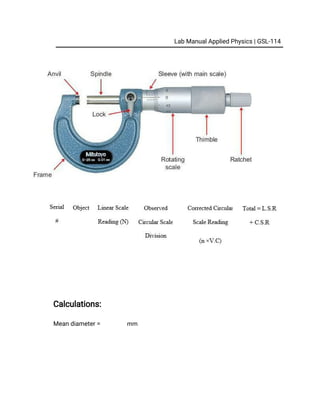 LabManualAppliedPhysics|GSL-114
Calculations:
Meandiameter= mm
 